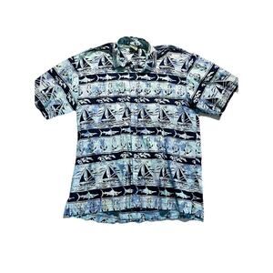 VTG Rum Reggae Mens Shirt L Blue Batik Goddess Aloha Smoke Hula Girl Tropical
